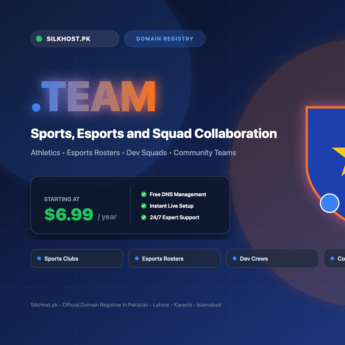 .team domain registration for sports clubs, esports squads, and corporate teams in Pakistan