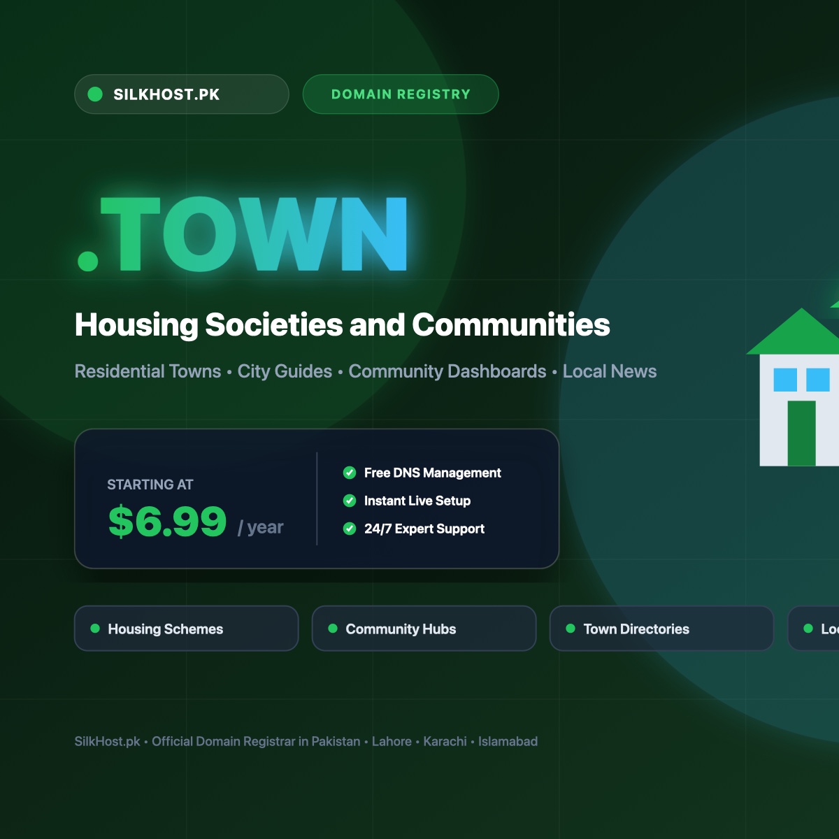 .town domain registration for housing schemes, neighborhood portals, and local directories in Pakistan