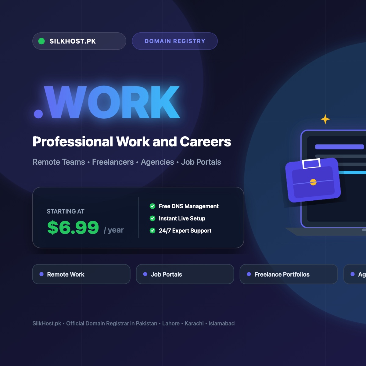 .work domain registration for freelancers, job boards, and professional service providers in Pakistan